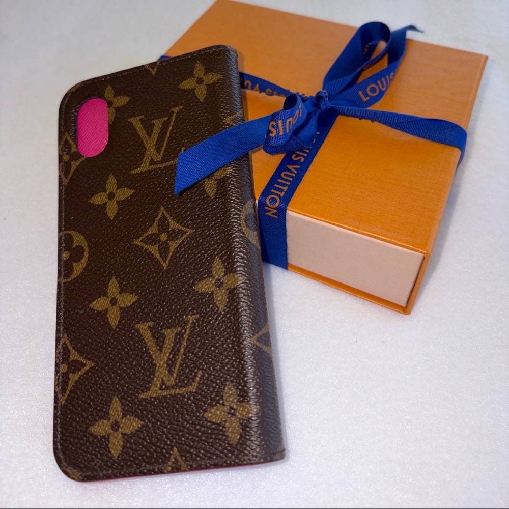 Authentic LOUIS VUITTON IPHONE X FOLIO CASE - MONOGRAM Fuchsia Interior W/BOX